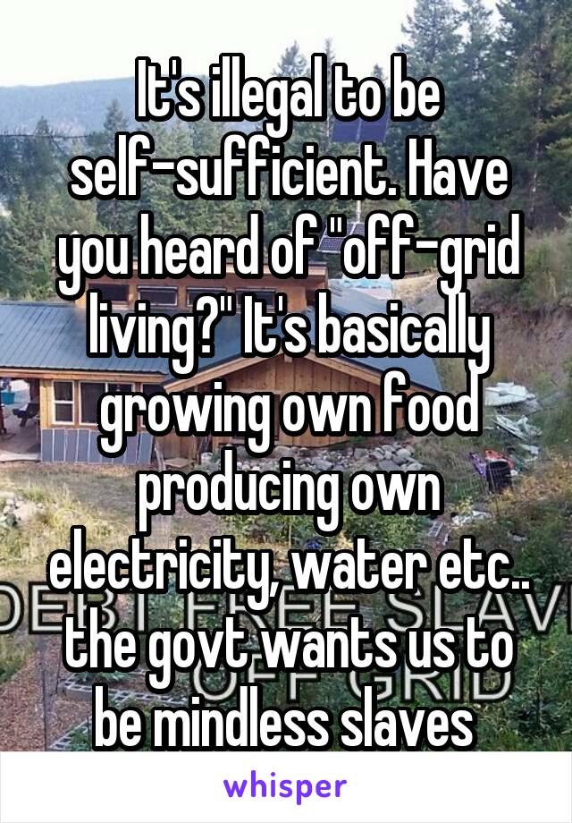 It's illegal to be self-sufficient. Have you heard of "off-grid living?" It's basically growing own food producing own electricity, water etc.. the govt wants us to be mindless slaves 