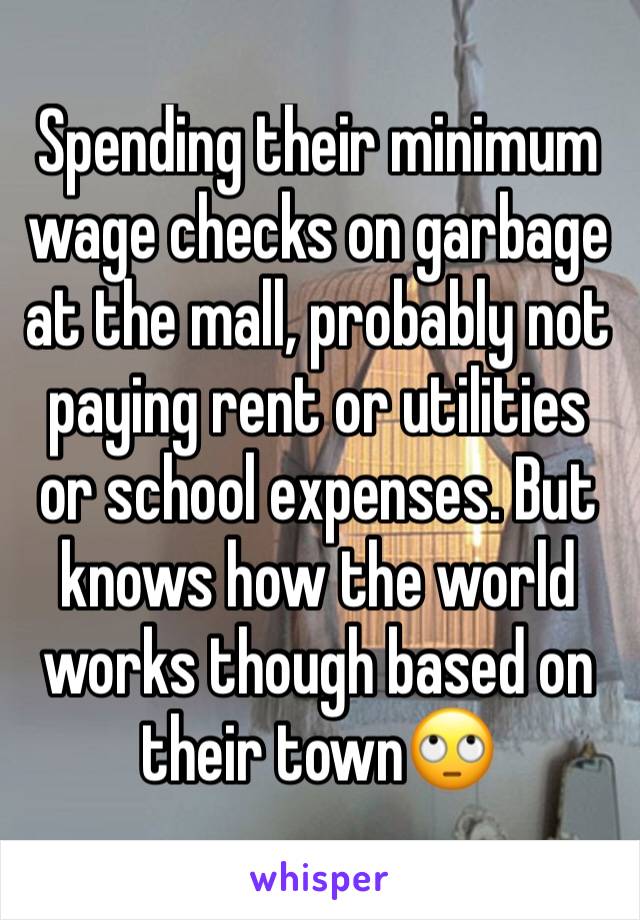 Spending their minimum wage checks on garbage at the mall, probably not paying rent or utilities or school expenses. But knows how the world works though based on their town🙄