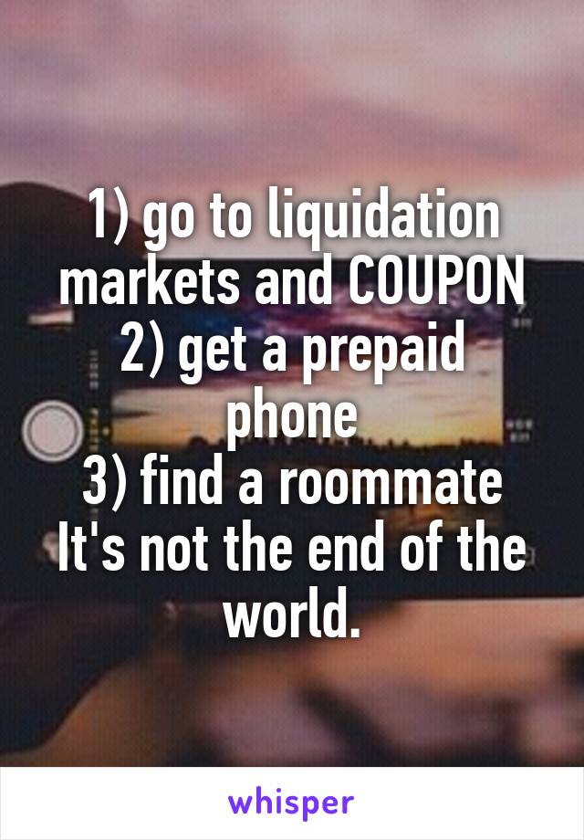 1) go to liquidation markets and COUPON
2) get a prepaid phone
3) find a roommate
It's not the end of the world.