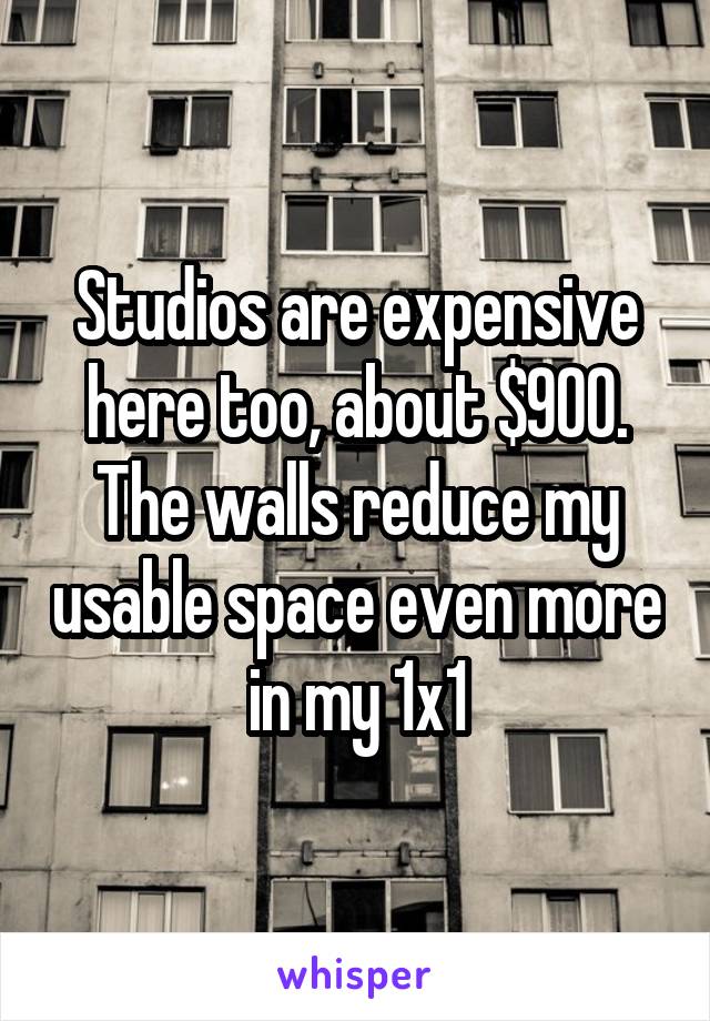 Studios are expensive here too, about $900. The walls reduce my usable space even more in my 1x1