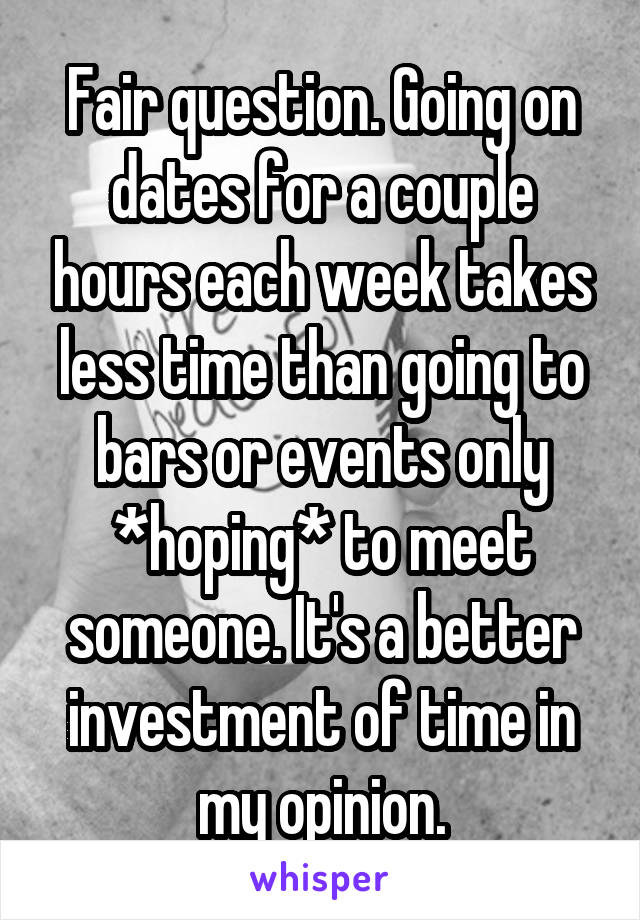 Fair question. Going on dates for a couple hours each week takes less time than going to bars or events only *hoping* to meet someone. It's a better investment of time in my opinion.