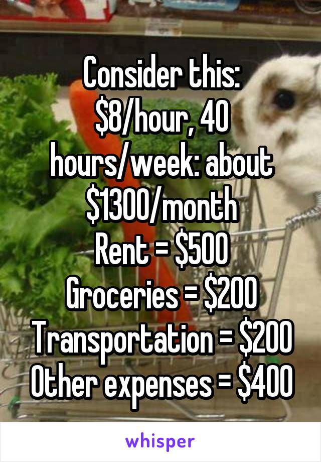 Consider this:
$8/hour, 40 hours/week: about $1300/month
Rent = $500
Groceries = $200
Transportation = $200
Other expenses = $400