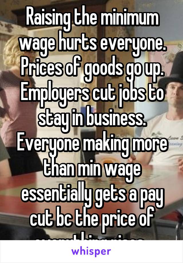 Raising the minimum wage hurts everyone. Prices of goods go up. Employers cut jobs to stay in business. Everyone making more than min wage essentially gets a pay cut bc the price of everything rises. 