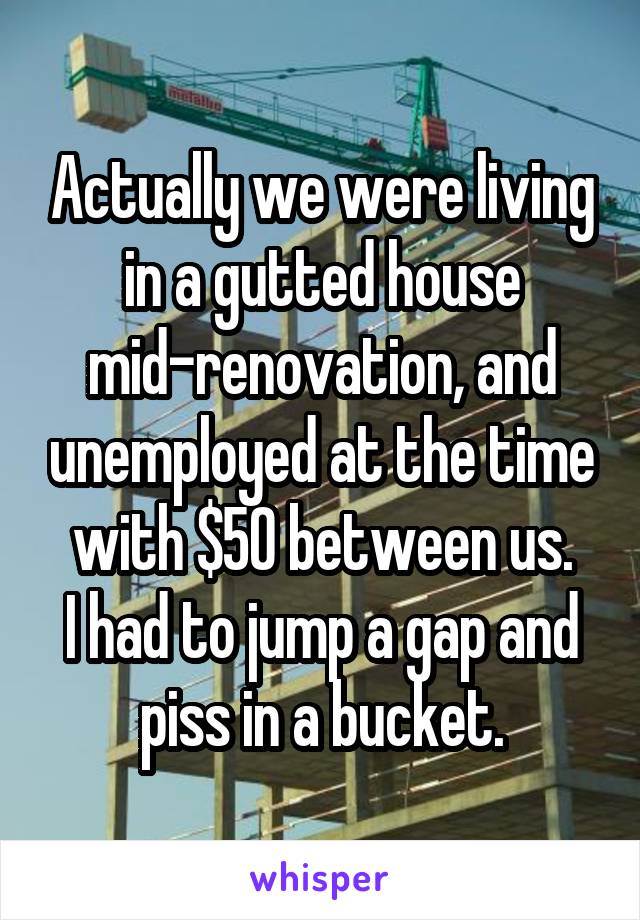 Actually we were living in a gutted house mid-renovation, and unemployed at the time with $50 between us.
I had to jump a gap and piss in a bucket.