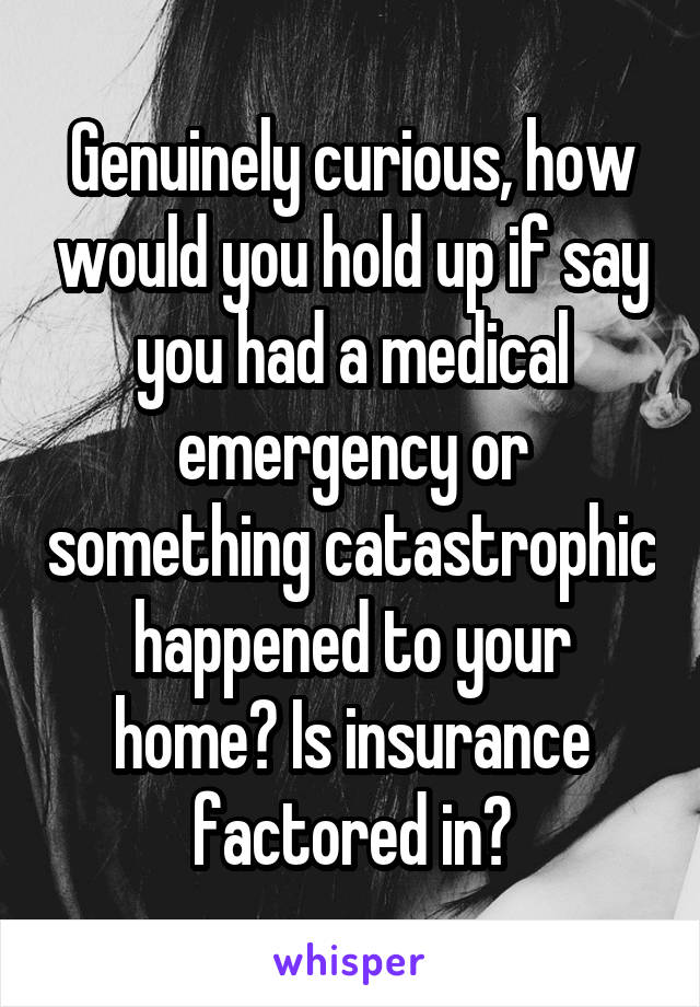 Genuinely curious, how would you hold up if say you had a medical emergency or something catastrophic happened to your home? Is insurance factored in?