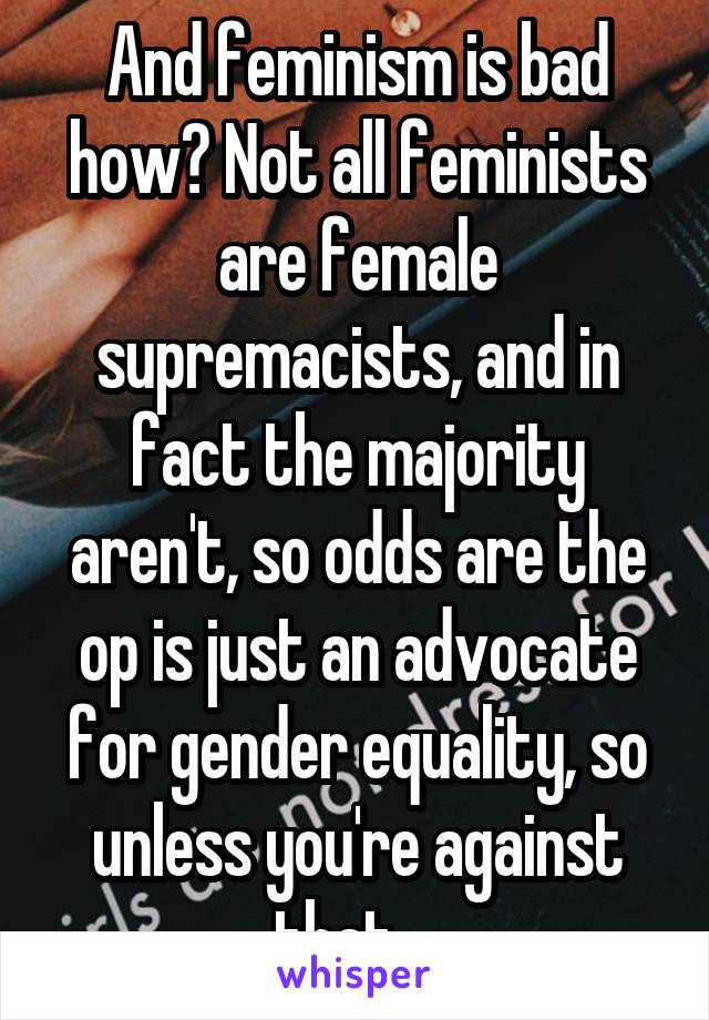 And feminism is bad how? Not all feminists are female supremacists, and in fact the majority aren't, so odds are the op is just an advocate for gender equality, so unless you're against that....