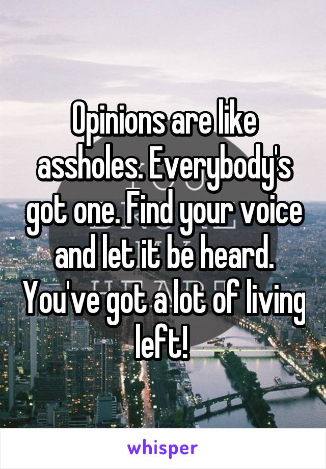 Opinions are like assholes. Everybody's got one. Find your voice and let it be heard. You've got a lot of living left! 