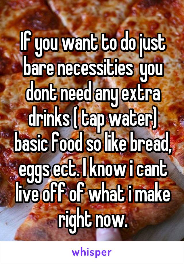 If you want to do just bare necessities  you dont need any extra drinks ( tap water) basic food so like bread, eggs ect. I know i cant live off of what i make right now.