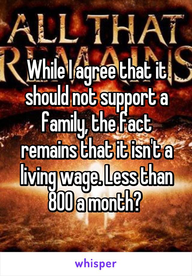 While I agree that it should not support a family, the fact remains that it isn't a living wage. Less than 800 a month? 