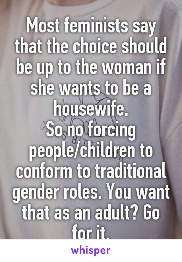 Most feminists say that the choice should be up to the woman if she wants to be a housewife.
So no forcing people/children to conform to traditional gender roles. You want that as an adult? Go for it.