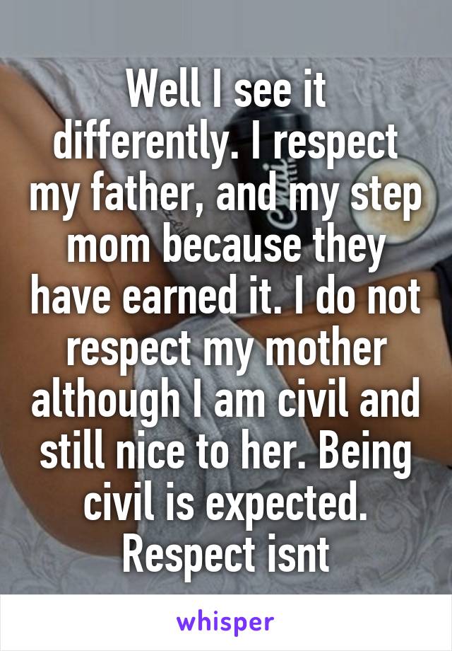 Well I see it differently. I respect my father, and my step mom because they have earned it. I do not respect my mother although I am civil and still nice to her. Being civil is expected. Respect isnt