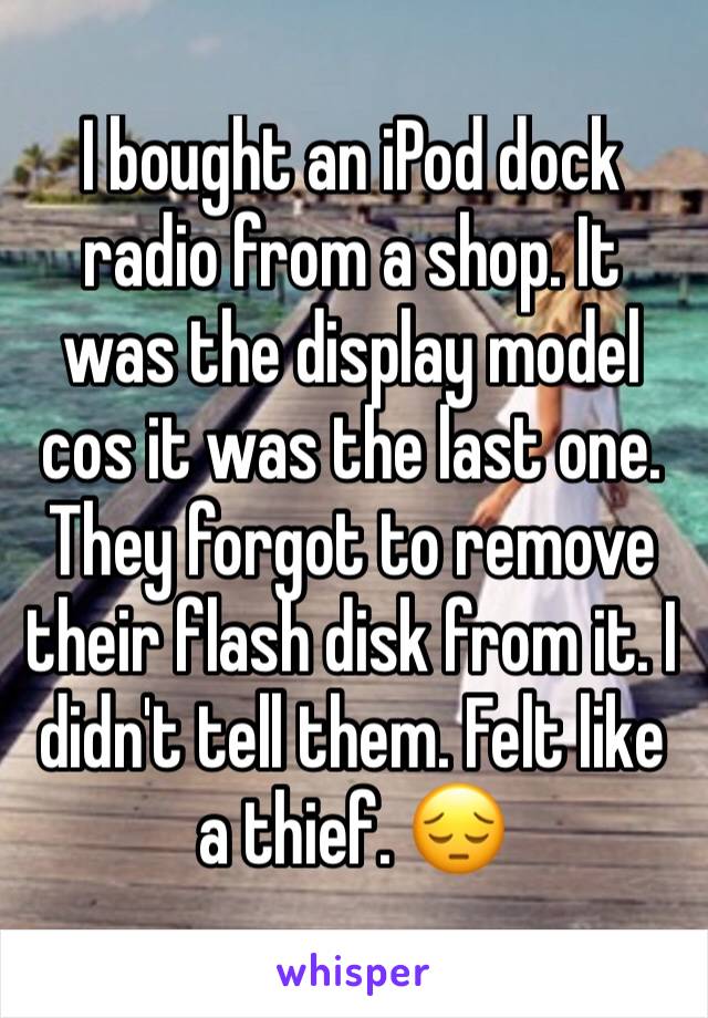 I bought an iPod dock radio from a shop. It was the display model cos it was the last one. They forgot to remove their flash disk from it. I didn't tell them. Felt like a thief. 😔