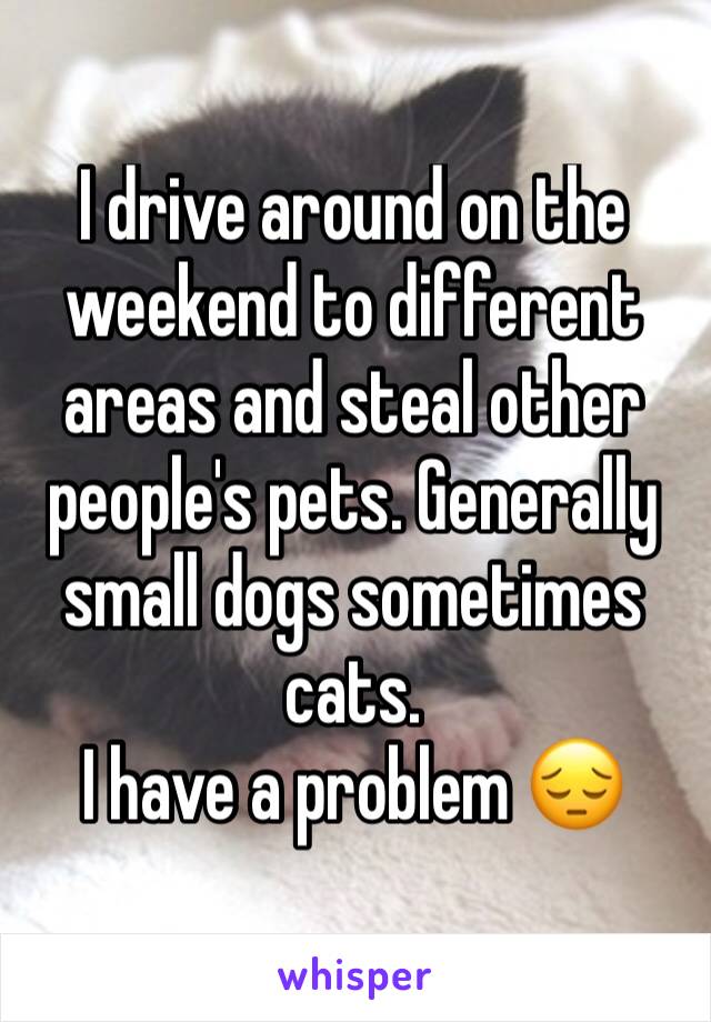 I drive around on the weekend to different areas and steal other people's pets. Generally small dogs sometimes cats. 
I have a problem 😔