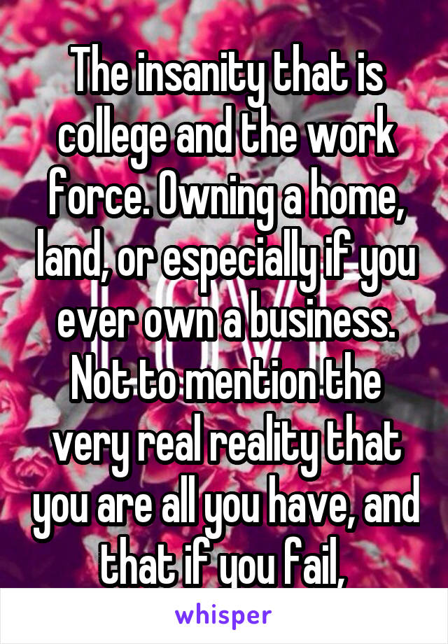 The insanity that is college and the work force. Owning a home, land, or especially if you ever own a business. Not to mention the very real reality that you are all you have, and that if you fail, 