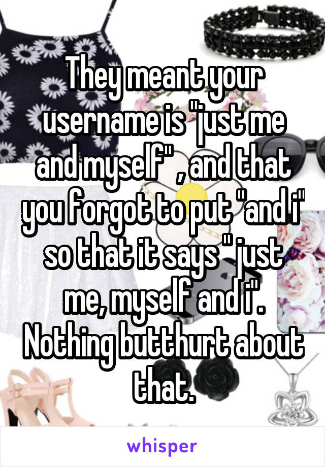 They meant your username is "just me and myself" , and that you forgot to put "and i" so that it says " just me, myself and i". Nothing butthurt about that.