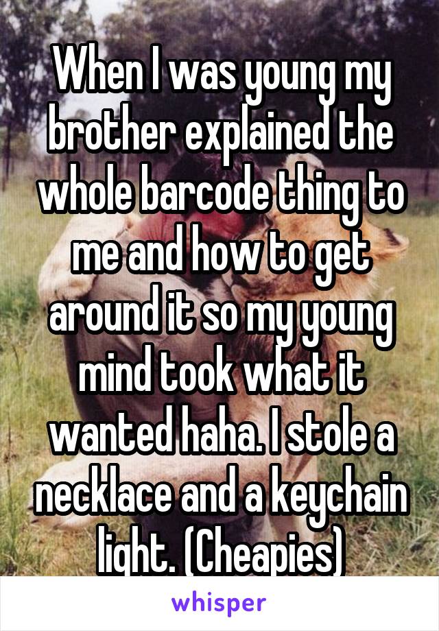 When I was young my brother explained the whole barcode thing to me and how to get around it so my young mind took what it wanted haha. I stole a necklace and a keychain light. (Cheapies)