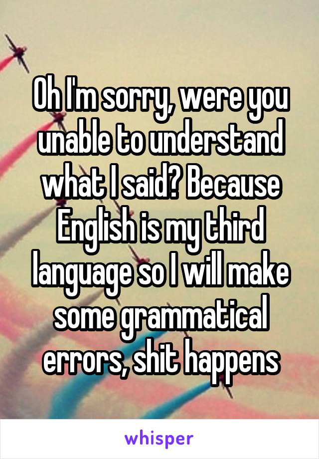 Oh I'm sorry, were you unable to understand what I said? Because English is my third language so I will make some grammatical errors, shit happens