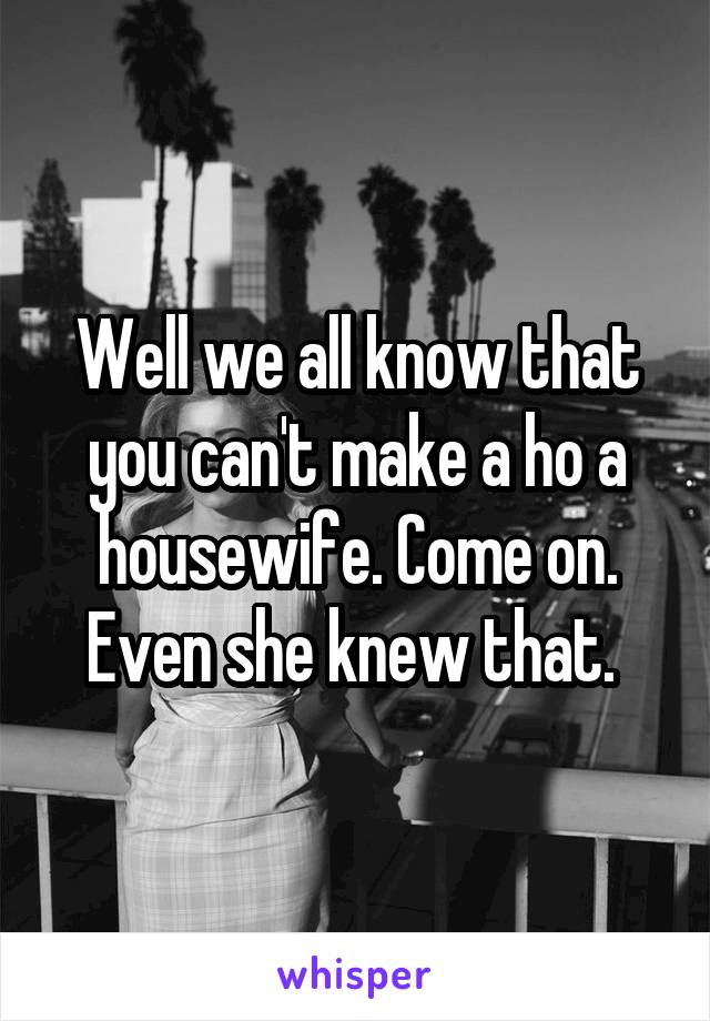 Well we all know that you can't make a ho a housewife. Come on. Even she knew that. 