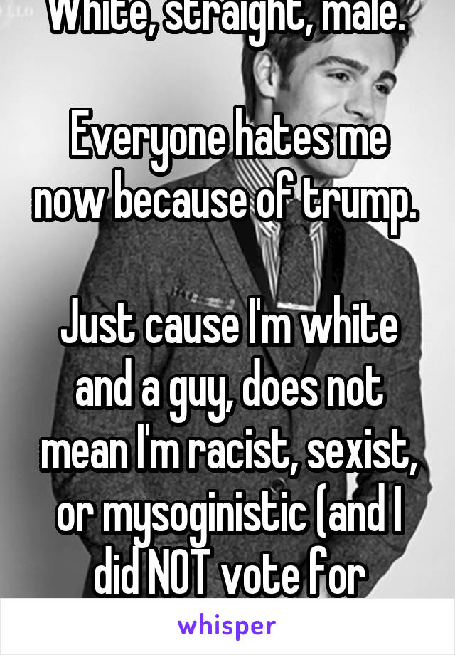 White, straight, male. 

Everyone hates me now because of trump. 

Just cause I'm white and a guy, does not mean I'm racist, sexist, or mysoginistic (and I did NOT vote for Trump). 