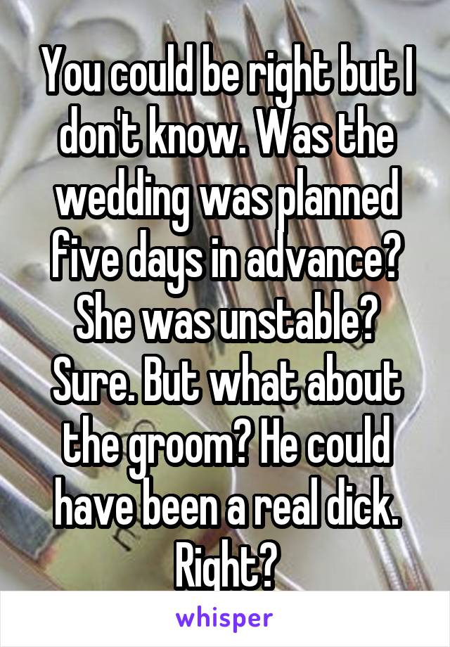 You could be right but I don't know. Was the wedding was planned five days in advance? She was unstable? Sure. But what about the groom? He could have been a real dick. Right?