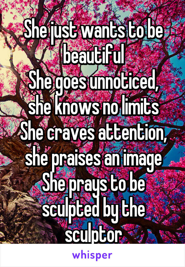 
She just wants to be beautiful
She goes unnoticed, she knows no limits
She craves attention, she praises an image
She prays to be sculpted by the sculptor
