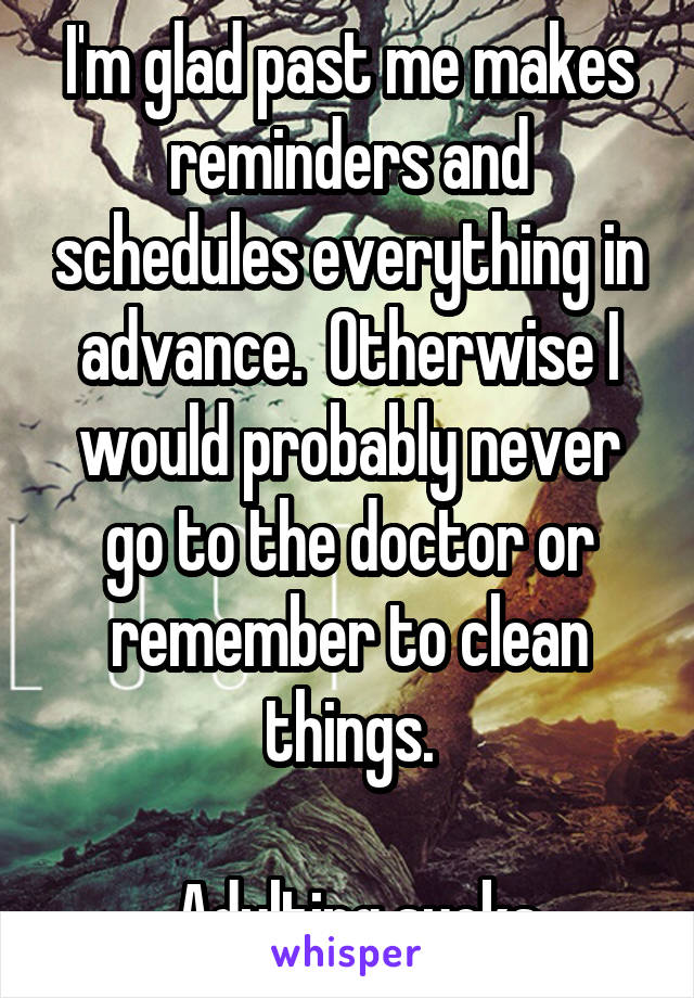 I'm glad past me makes reminders and schedules everything in advance.  Otherwise I would probably never go to the doctor or remember to clean things.

 Adulting sucks