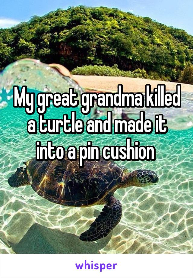 My great grandma killed a turtle and made it into a pin cushion 
