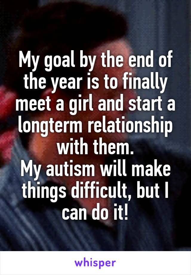 My goal by the end of the year is to finally meet a girl and start a longterm relationship with them.
My autism will make things difficult, but I can do it!