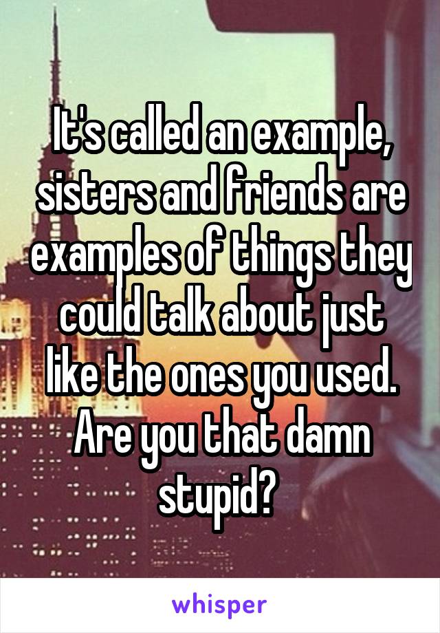 It's called an example, sisters and friends are examples of things they could talk about just like the ones you used. Are you that damn stupid? 