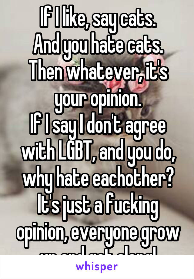 If I like, say cats.
And you hate cats.
Then whatever, it's your opinion.
If I say I don't agree with LGBT, and you do, why hate eachother?
It's just a fucking opinion, everyone grow up and get along!