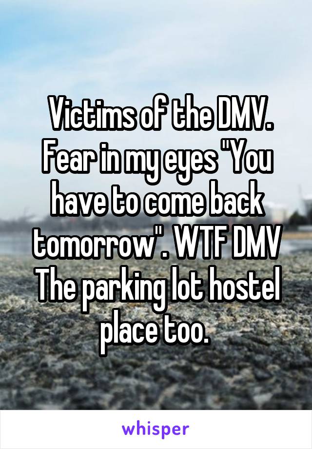  Victims of the DMV. Fear in my eyes "You have to come back tomorrow". WTF DMV The parking lot hostel place too. 