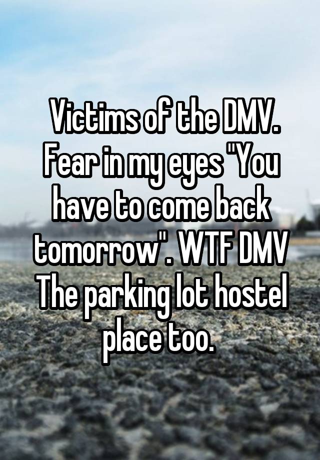  Victims of the DMV. Fear in my eyes "You have to come back tomorrow". WTF DMV The parking lot hostel place too. 