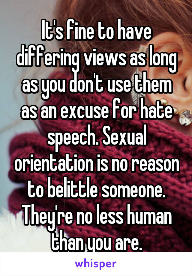 It's fine to have differing views as long as you don't use them as an excuse for hate speech. Sexual orientation is no reason to belittle someone. They're no less human than you are.