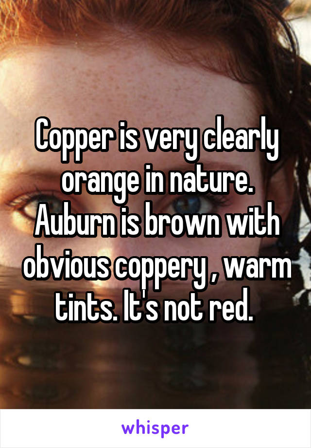 Copper is very clearly orange in nature. Auburn is brown with obvious coppery , warm tints. It's not red. 