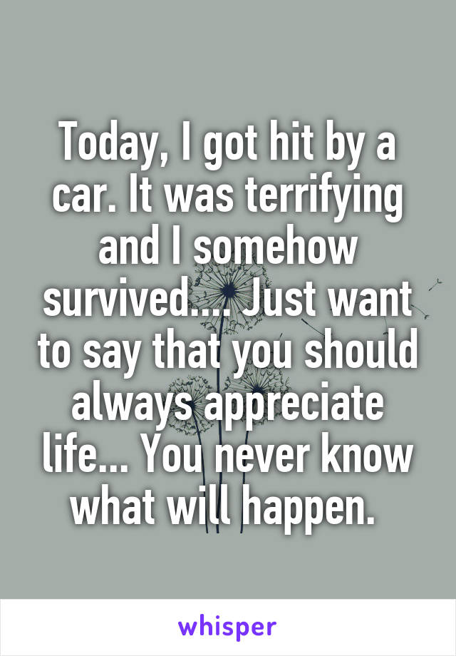 Today, I got hit by a car. It was terrifying and I somehow survived.... Just want to say that you should always appreciate life... You never know what will happen. 