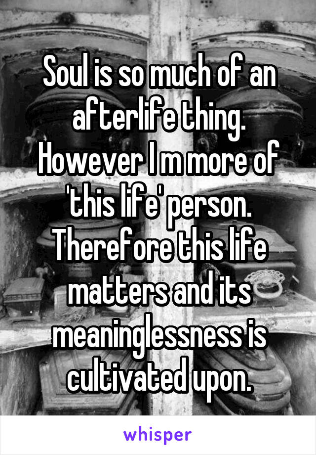 Soul is so much of an afterlife thing. However I m more of 'this life' person. Therefore this life matters and its meaninglessness is cultivated upon.