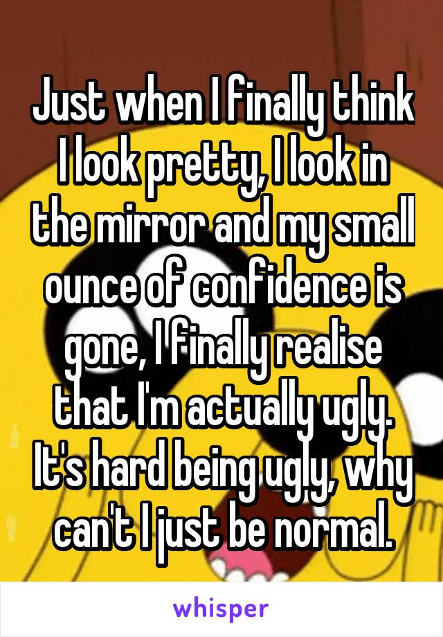 Just when I finally think I look pretty, I look in the mirror and my small ounce of confidence is gone, I finally realise that I'm actually ugly. It's hard being ugly, why can't I just be normal.