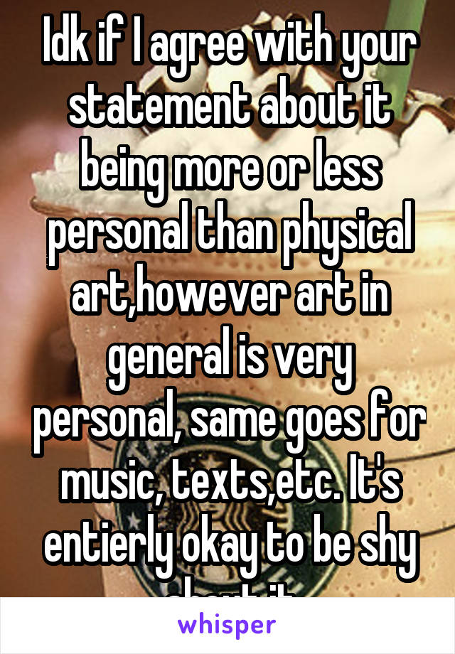 Idk if I agree with your statement about it being more or less personal than physical art,however art in general is very personal, same goes for music, texts,etc. It's entierly okay to be shy about it