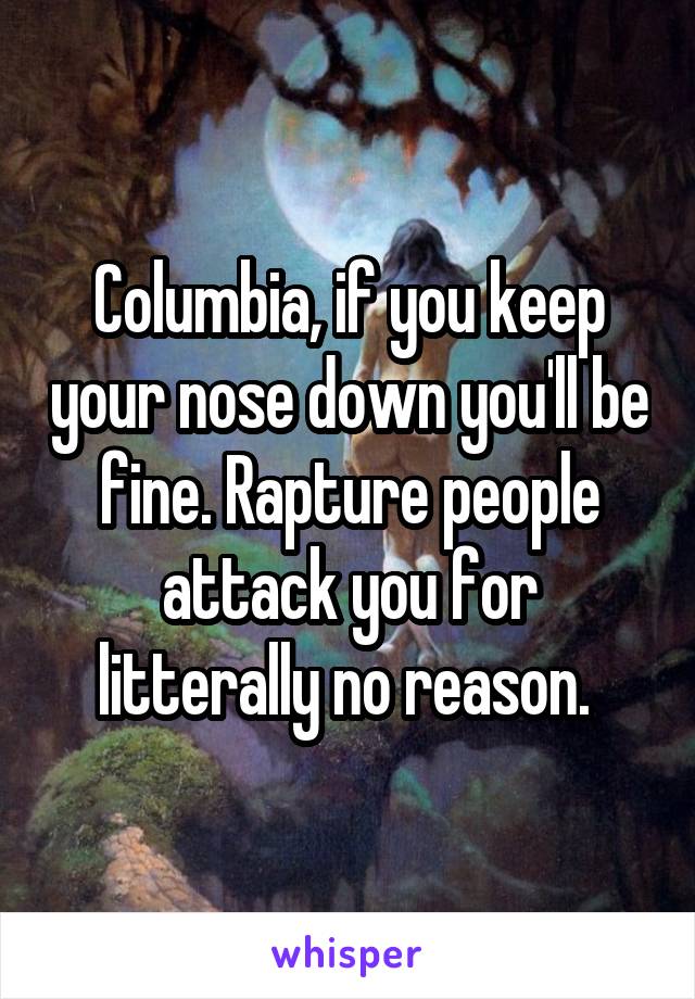 Columbia, if you keep your nose down you'll be fine. Rapture people attack you for litterally no reason. 