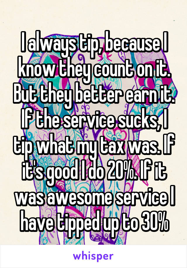 I always tip, because I know they count on it. But they better earn it. If the service sucks, I tip what my tax was. If it's good I do 20%. If it was awesome service I have tipped up to 30%