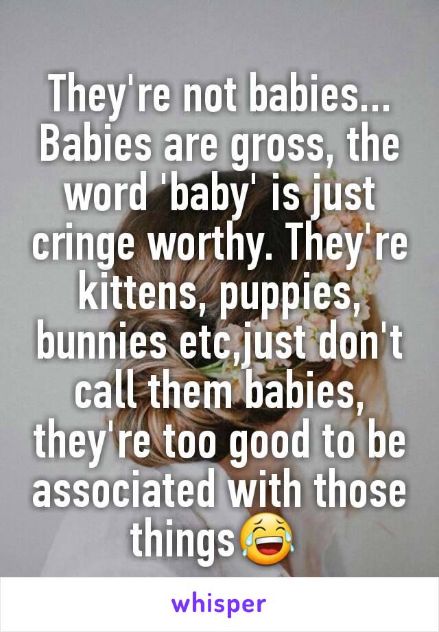 They're not babies... Babies are gross, the word 'baby' is just cringe worthy. They're kittens, puppies, bunnies etc,just don't call them babies, they're too good to be associated with those things😂 