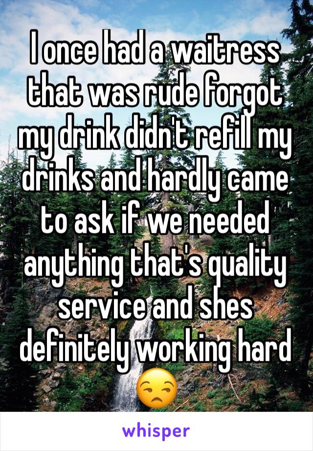 I once had a waitress that was rude forgot my drink didn't refill my drinks and hardly came to ask if we needed anything that's quality service and shes definitely working hard 😒