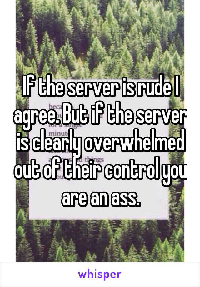 If the server is rude I agree. But if the server is clearly overwhelmed out of their control you are an ass.