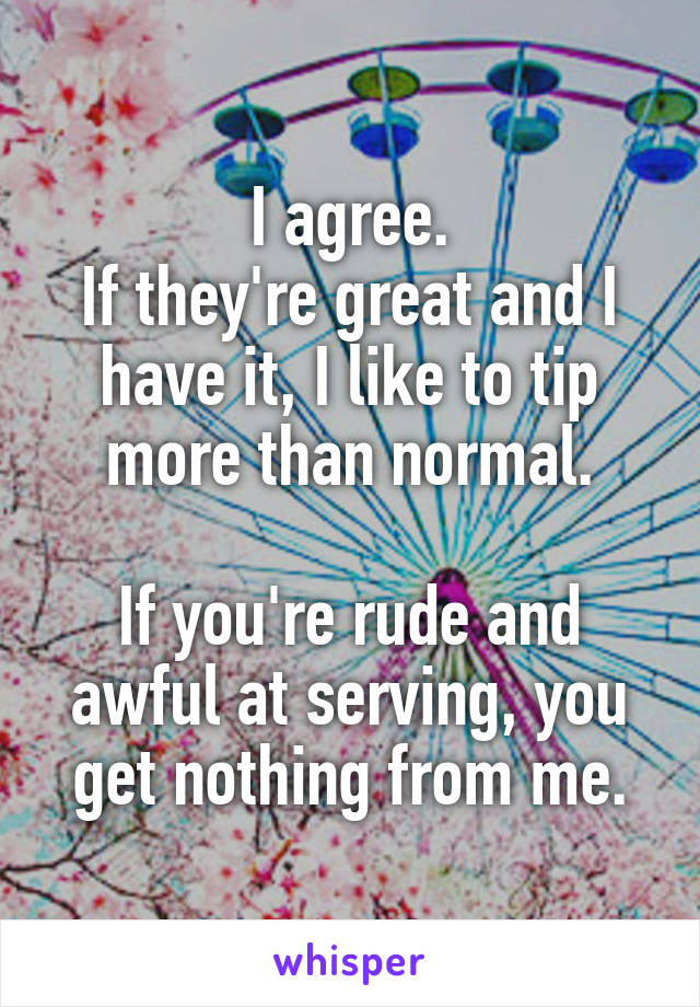 I agree.
If they're great and I have it, I like to tip more than normal.

If you're rude and awful at serving, you get nothing from me.