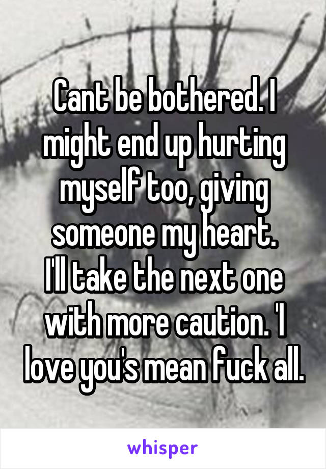 Cant be bothered. I might end up hurting myself too, giving someone my heart.
I'll take the next one with more caution. 'I love you's mean fuck all.