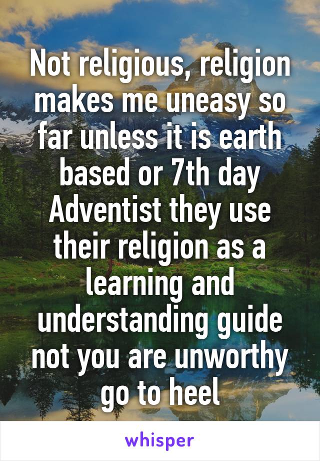 Not religious, religion makes me uneasy so far unless it is earth based or 7th day Adventist they use their religion as a learning and understanding guide not you are unworthy go to heel