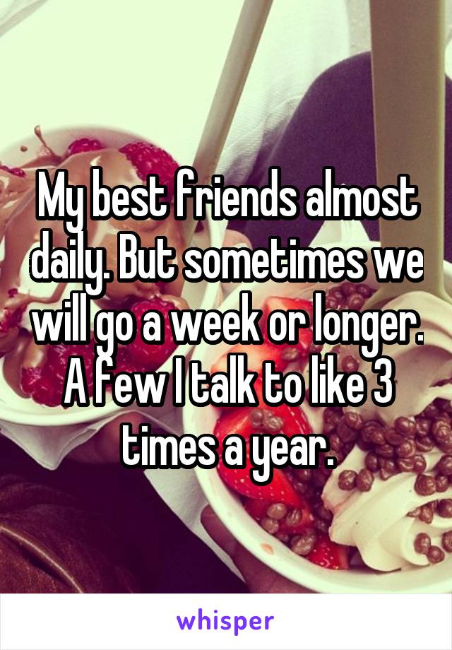 My best friends almost daily. But sometimes we will go a week or longer. A few I talk to like 3 times a year.