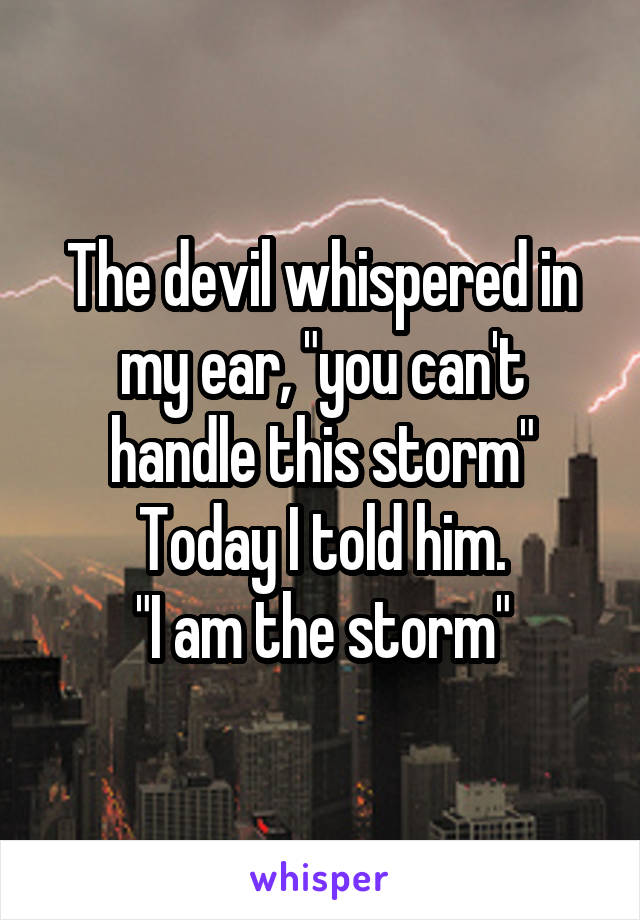 The devil whispered in my ear, "you can't handle this storm"
Today I told him.
"I am the storm"