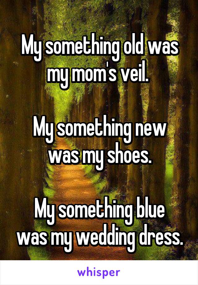My something old was my mom's veil. 

My something new was my shoes.

My something blue was my wedding dress.