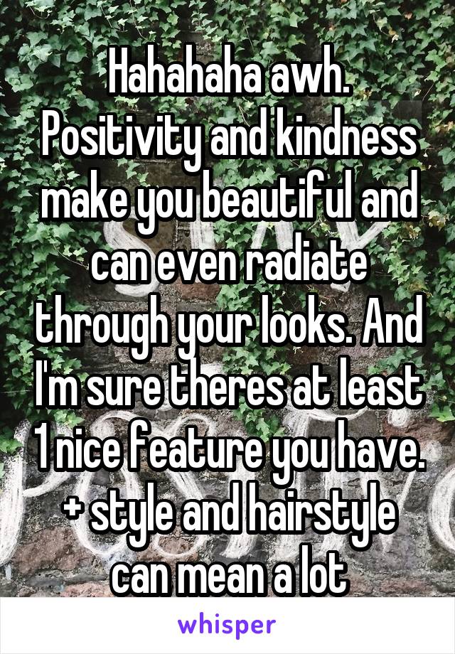 Hahahaha awh. Positivity and kindness make you beautiful and can even radiate through your looks. And I'm sure theres at least 1 nice feature you have. + style and hairstyle can mean a lot